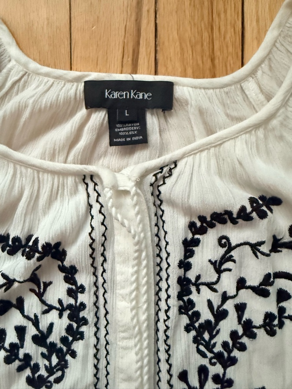 Karen Kane White Peasant Blouse with Black Embroidery - Picture 3 of 4